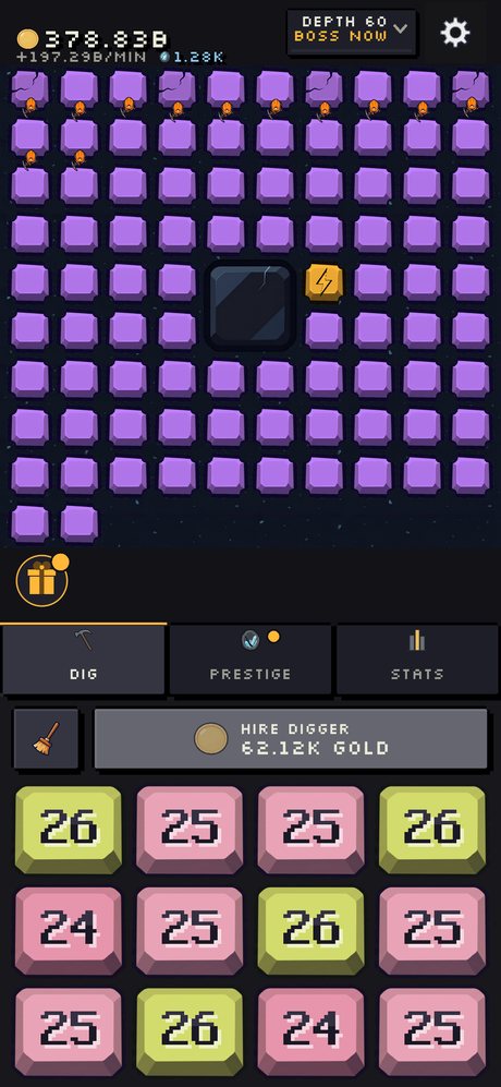 An Obsidian Boss holding the middle of the Layer at Depth 60, with BOSS NOW on the Depth chip